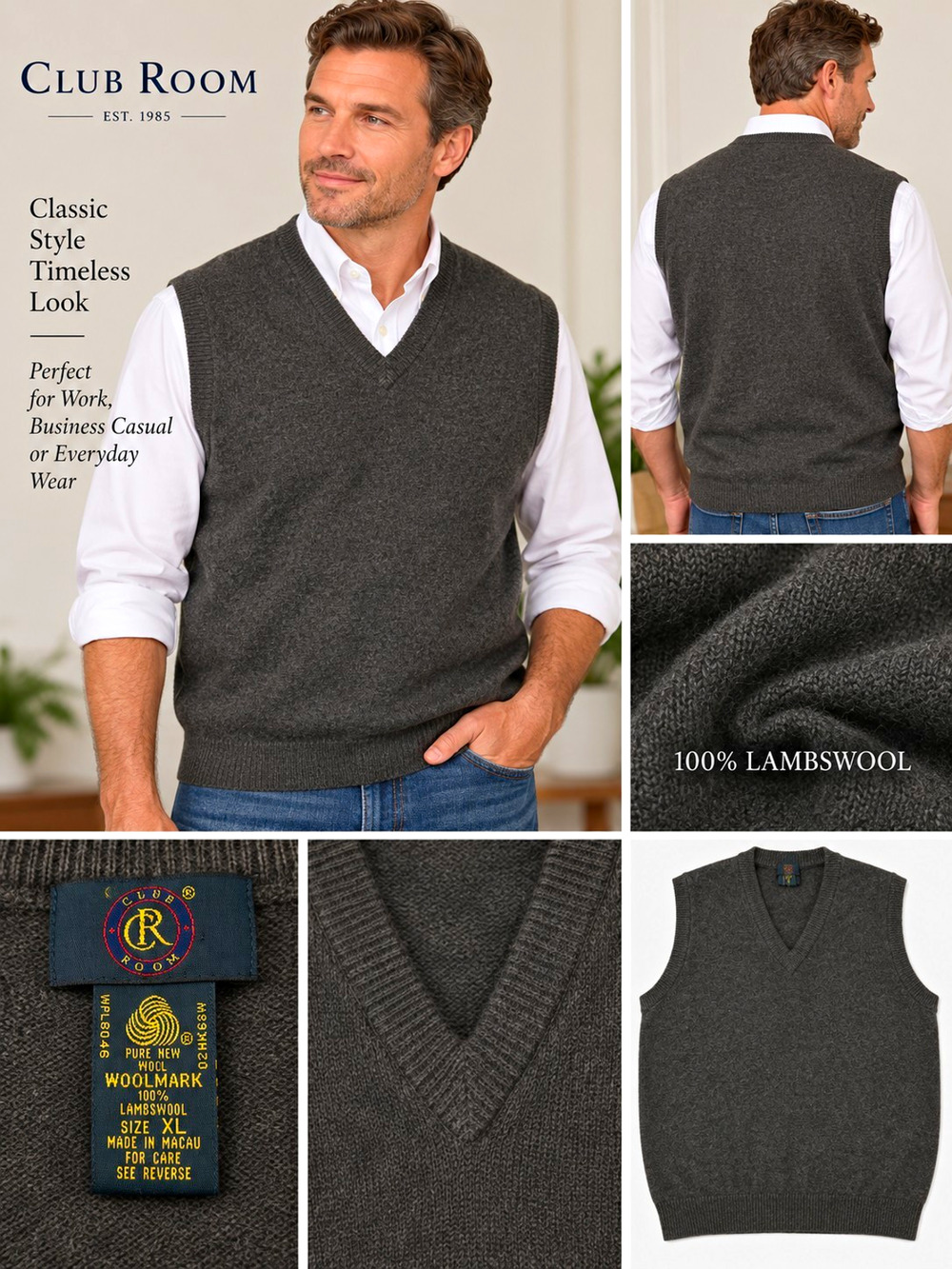 Club Room Mens XL Sweater Vest 100% Lambswool Charcoal Gray V-Neck Woolmark